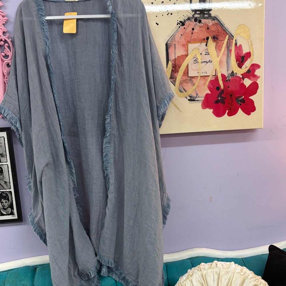 Kori Light Gray Fringed Draped Kimono Cover-Up